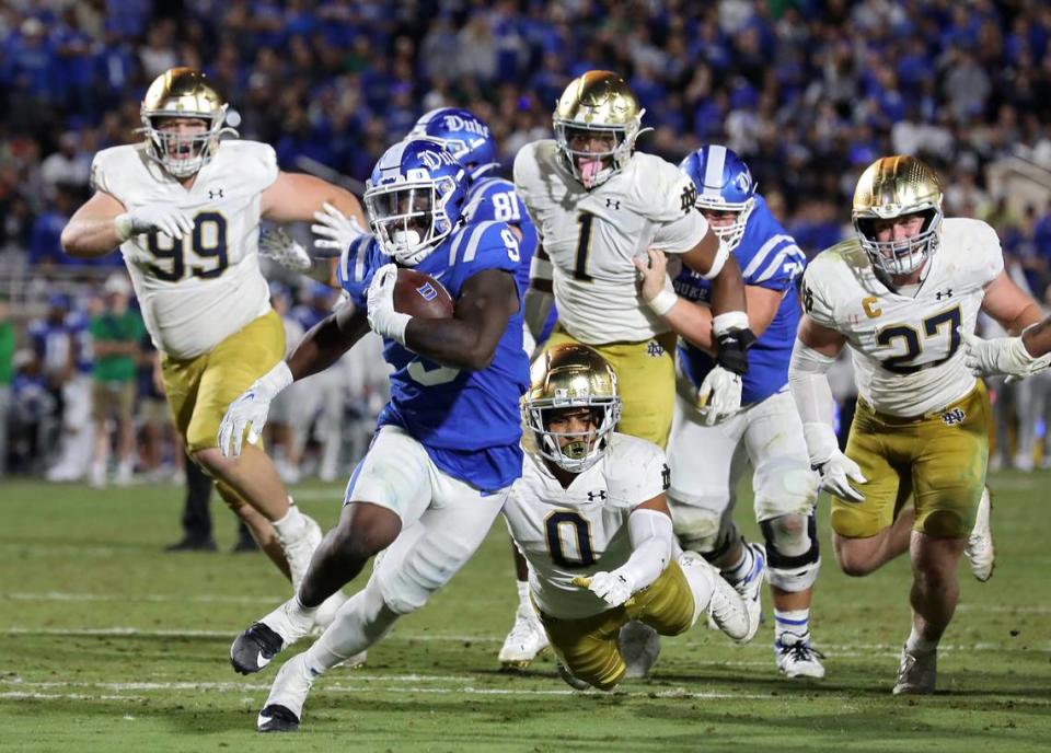 Duke’s Jaquez Moore runs the ball to just shy of the end zone during the second half of the Blue Devils 21-14 loss to Notre Dame on Saturday, Sept. 30, 2023, at Wallace Wade Stadium in Durham, N.C.