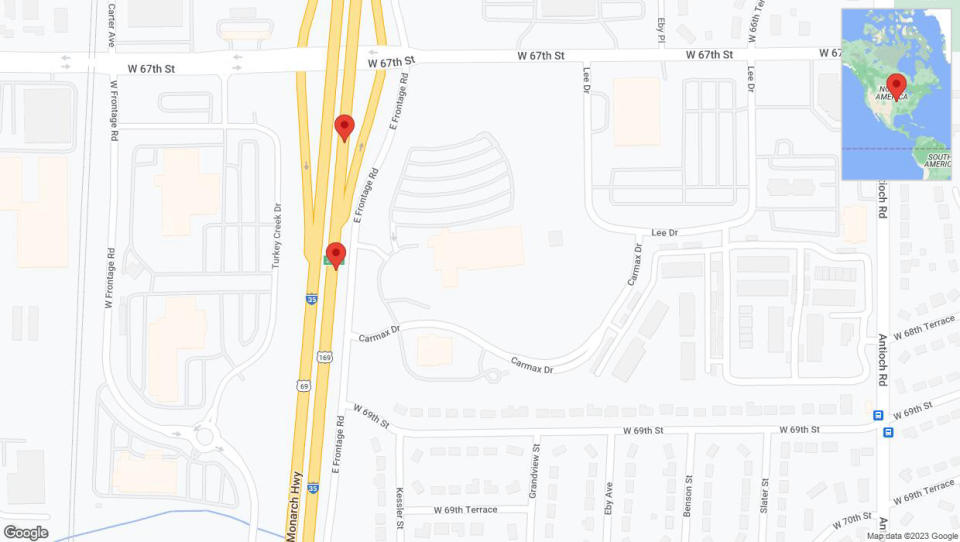 A detailed map that shows the affected road due to 'Broken down vehicle on eastbound I-35 in Merriam' on December 17th at 12:43 p.m.