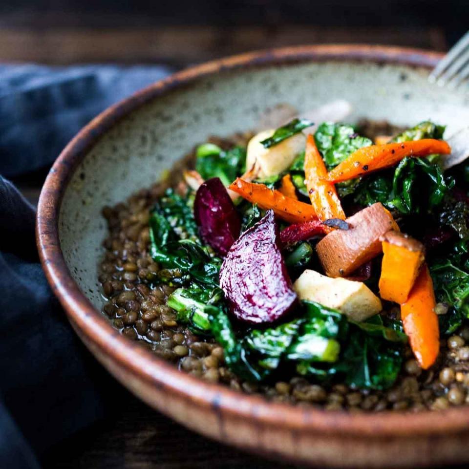 Roasted Root Veggies & Greens over Spiced Lentils