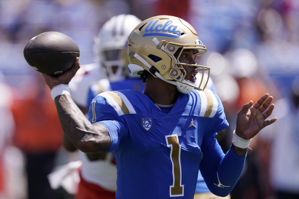 UCLA quarterback Dorian Thompson-Robinson passes during the first half of an NCAA college football game against Bowling Green Saturday, Sept. 3, 2022, in Pasadena, Calif. (AP Photo/Mark J. Terrill)