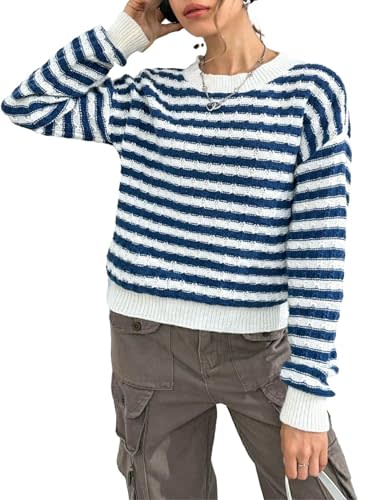 SHENHE Women's Long Sleeve Crewneck Drop Shoulder Striped Pullover Sweater Blue and White M