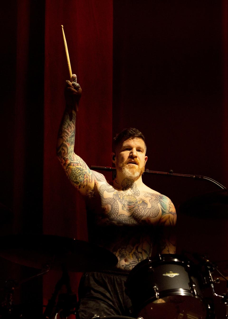 Andy Hurley performs with Fall Out Boy at Bridgestone Arena in Nashville, Tenn., Sunday, March 31, 2024.