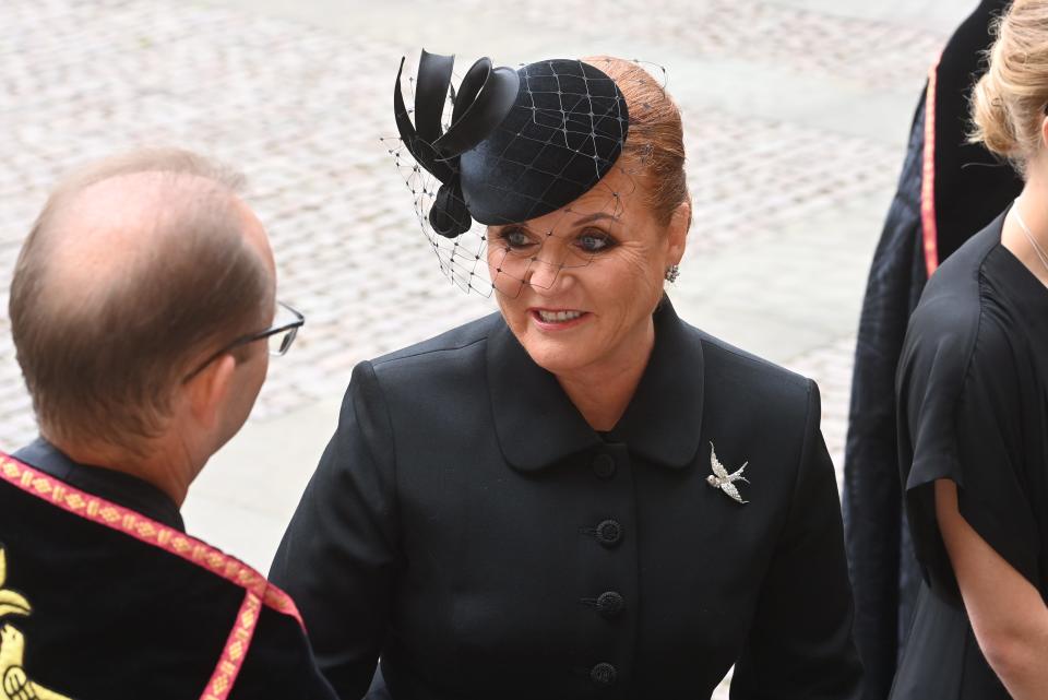Sarah Ferguson arrives for the funeral of Queen Elizabeth II at Westminster Abbey on Sept. 19, 2022, in London.