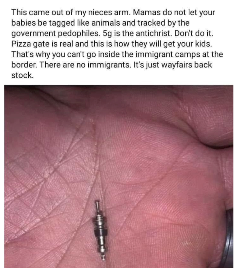 Someone pretending a random metal thing is a tracking device they found in their kid's arm