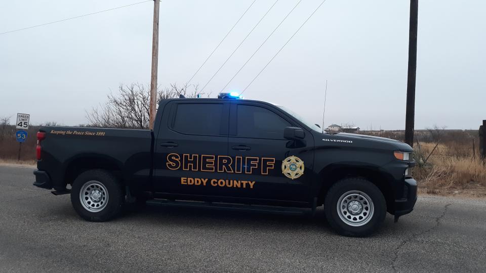 An Eddy County Sheriff's unit blocks traffic at 26th Street and Tumbleweed Road on Feb. 12, 2021 in Artesia.
