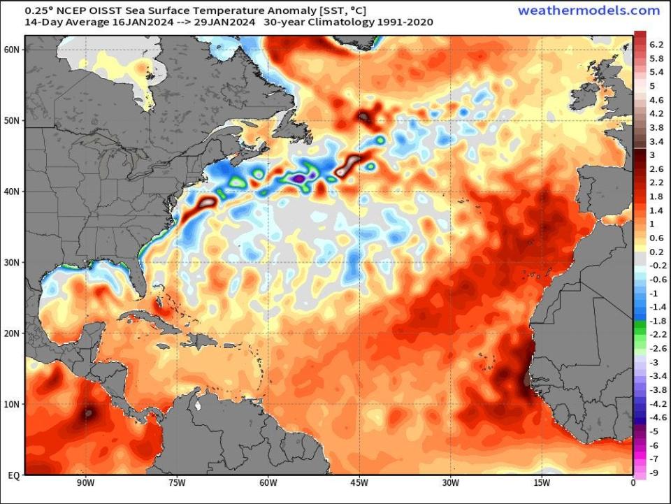 At the end of January 2024, the sea surface temperatures in Atlantic Ocean's main development region for tropical cyclones remained warmer than normal by up to 5 degrees Fahrenheit.