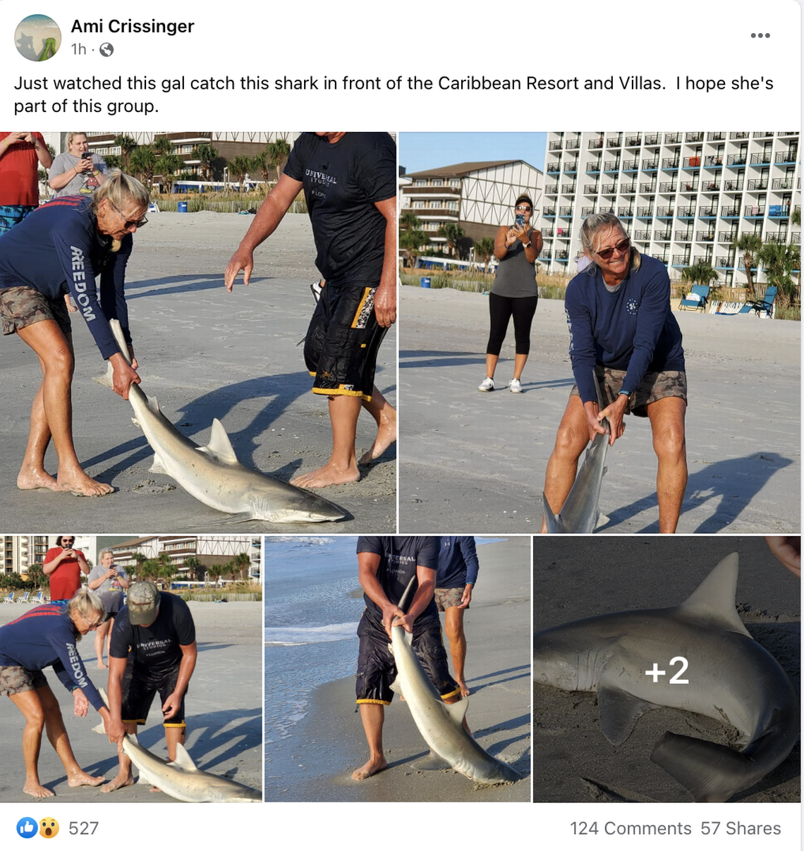 A screenshot of a Facebook post showing a woman who caught a shark in front of the Caribbean Resort and Villas in Myrtle Beach. September 15, 2022. Facebook