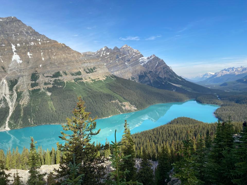 Peyto Lake is one of the most frequently photographed vistas in Canada. Fine particles of rock in glacier water refract the light and produce the brilliant aqua blue color. The overlook is a popular stop on the Icefields Parkway, a 143-mile scenic route from Lake Louise to Jasper, Alberta.