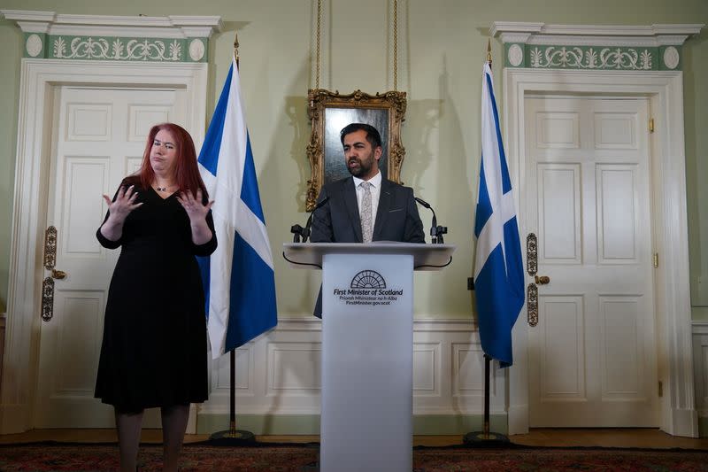 Scotland's First Minister Humza Yousaf speaks during a press conference at Bute House