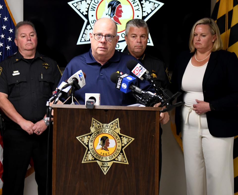 Maryland Governor Larry Hogan speaks at a press conference on the death of Deputy First Class Glenn Hillard Monday, June 13, 2022, at the Wicomico County Sheriff's Office in Salisbury, Maryland.