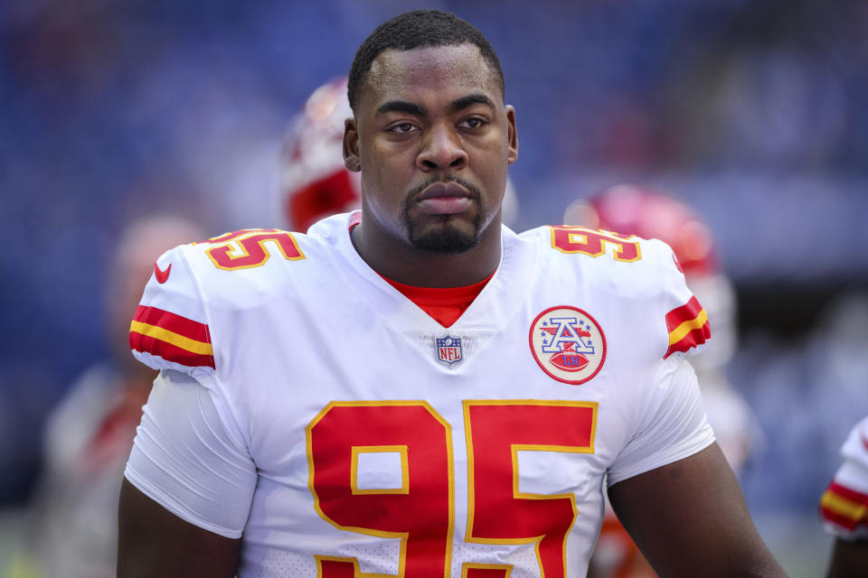 Kansas City Chiefs defensive tackle Chris Jones (95) warms up on the field before an NFL football game against the <a class="link " href="https://sports.yahoo.com/nfl/teams/indianapolis/" data-i13n="sec:content-canvas;subsec:anchor_text;elm:context_link" data-ylk="slk:Indianapolis Colts;sec:content-canvas;subsec:anchor_text;elm:context_link;itc:0">Indianapolis Colts</a>, Sunday, Sept. 25, 2022, in Indianapolis. (AP Photo/Zach Bolinger)