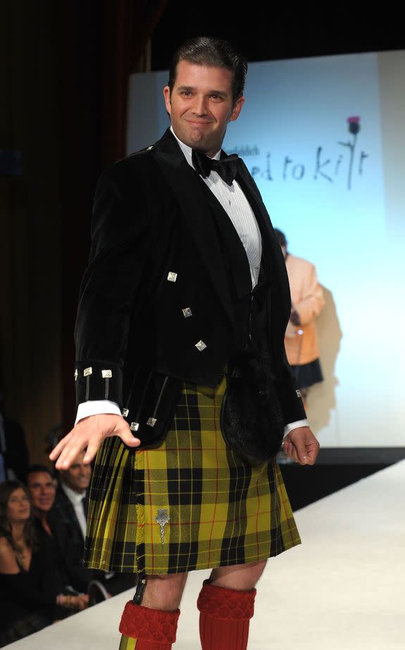 NEW YORK - APRIL 05: Donald Trump Jr. walks the runway at the 8th annual "Dressed To Kilt" Charity Fashion Show presented by Glenfiddich at M2 Ultra Lounge on April 5, 2010 in New York City. (Photo by Andrew H. Walker/Getty Images)