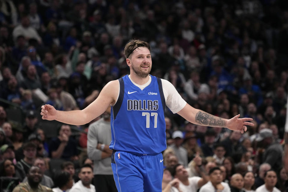 Dallas Mavericks' Luka Doncic looks to an official during an NBA basketball game against the Orlando Magic in Dallas, Monday, Jan. 29, 2024. (AP Photo/Tony Gutierrez)