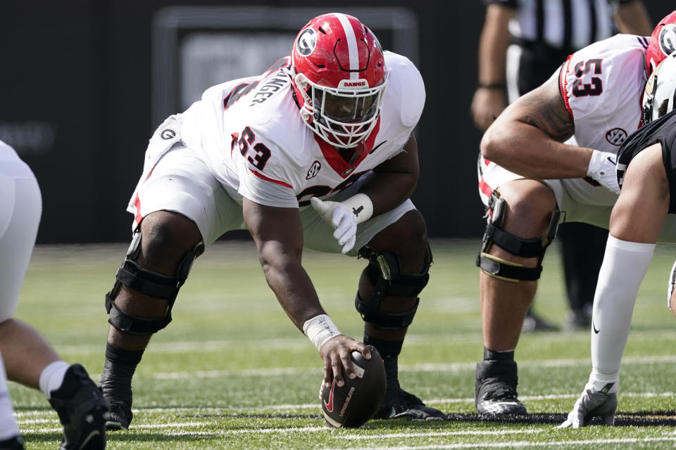 FILE - Georgia center Sedrick Van Pran (63) prepares to snap the ball in the first half of an NCAA college football game against Vanderbilt, Saturday, Oct. 14, 2023, in Nashville, Tenn. (AP Photo/George Walker IV, File)