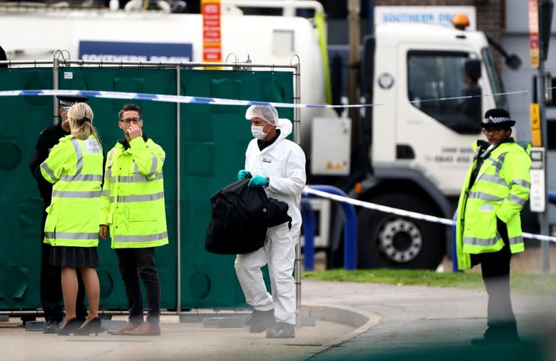 The scene where bodies were discovered in a lorry container, in Grays, Essex