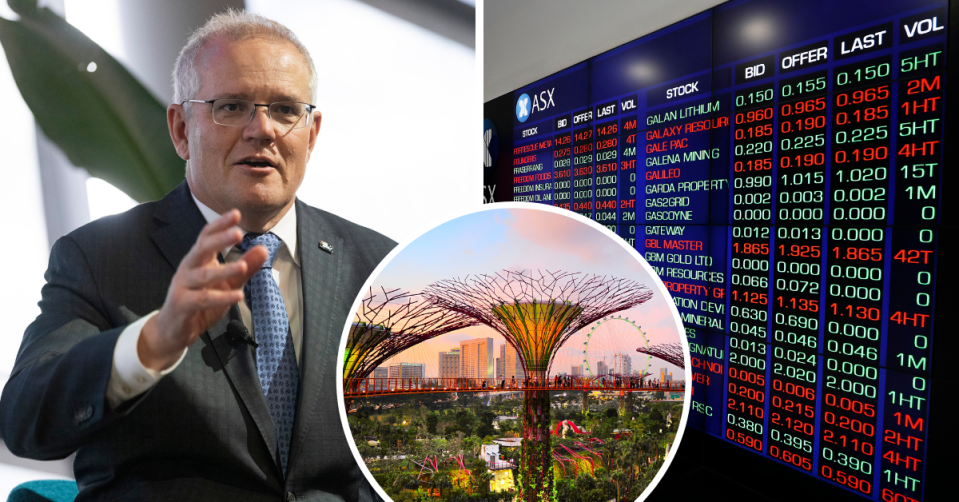 Scott Morrison speaks at an event in Perth, iconic sky trees in Singapore by the Bay and the ASX board