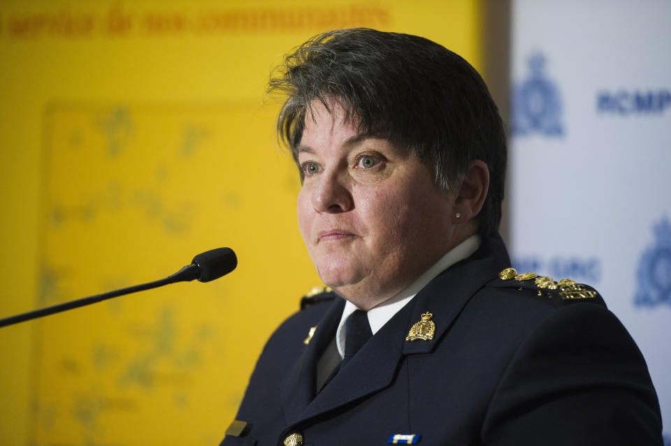 Royal Canadian Mounted Police Assistant Commissioner Jane MacLatchy speaks at a news conference in Winnipeg, Manitoba, Wednesday, Aug. 7, 2019. Canadian police said Wednesday they believe two fugitives suspected of killing a North Carolina woman and her Australian boyfriend as well as another man have been found dead in dense bush in northern Manitoba. (David Lipnowski/The Canadian Press via AP)