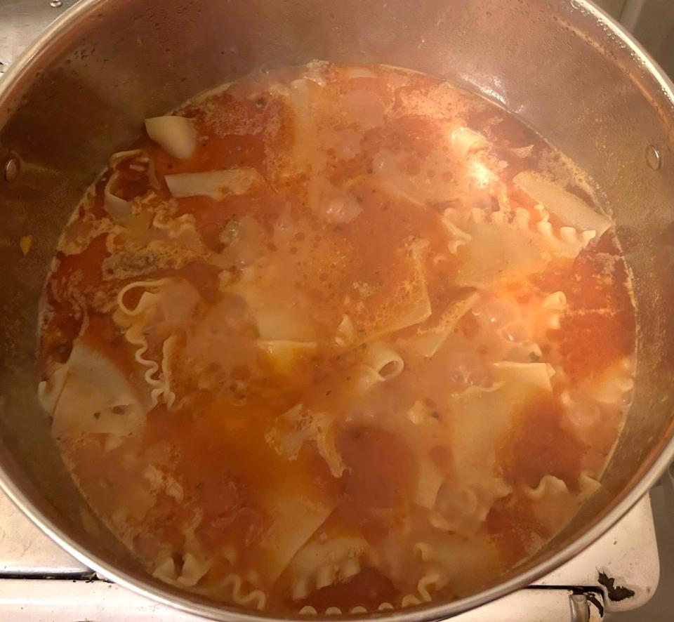 Simmering soup for Pioneer Woman's Lasagna Soup