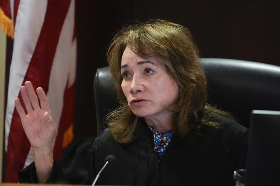 Judge Mary Marlowe Sommer listens during a pretrial hearing in Santa Fe, N.M., on Monday, July 8, 2024. Alec Baldwin is facing a single charge of involuntary manslaughter in the death of a cinematographer, Halyna Hutchins. (AP Photo/Ross D. Franklin, Pool)