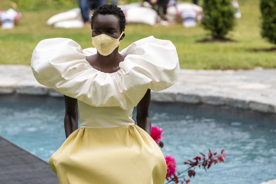 The Christian Siriano collection is modeled at Christian's home as part of New York Fashion Week, Thursday, Sept. 17, 2020, in Westport, Conn. (Photo by Charles Sykes/Invision/AP)