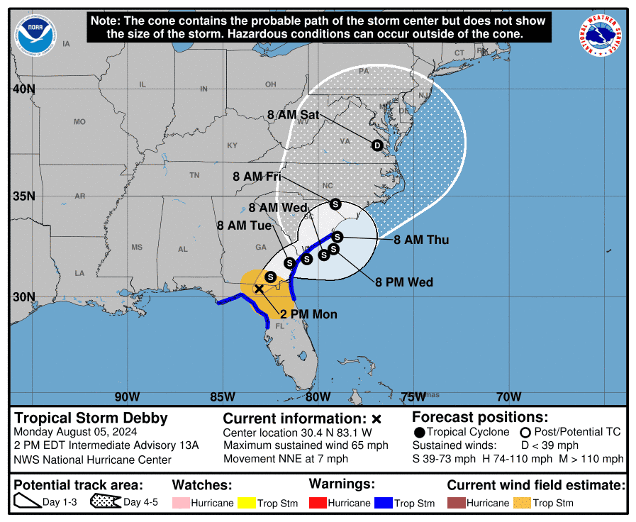 The expected path of Tropical Storm Debby as of 2 p.m. Monday, Aug. 5.