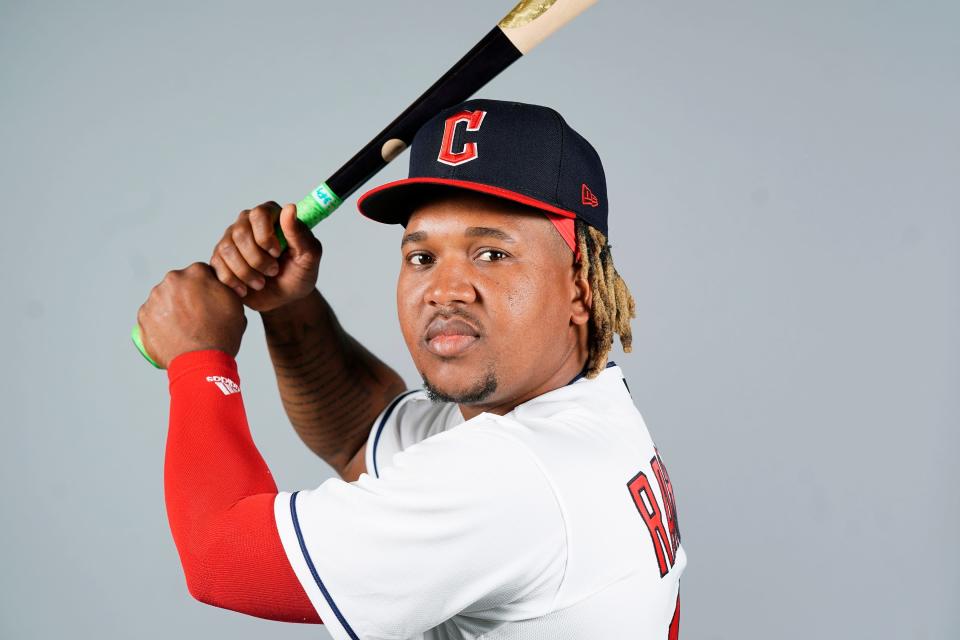 Cleveland Guardians baseball player Jose Ramirez poses for a photograph during the Guardians photo day Tuesday, March 22, 2022, in Goodyear, Ariz.