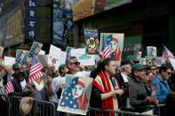 <p>People show support, holding up placards, in Times Square, New York City during the “I am a Muslim too” rally on Feb. 19, 2017. (Gordon Donovan/Yahoo News) </p>