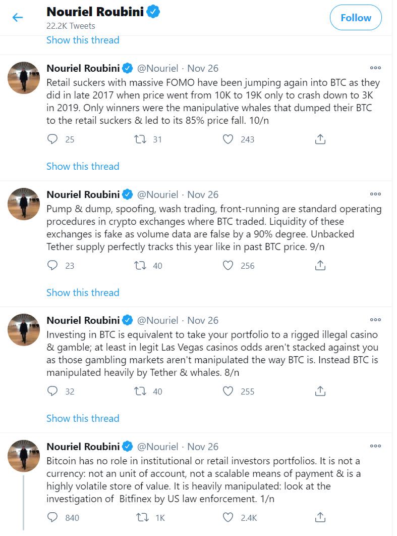 末日博士狂發12推文示警散戶應遠離比特幣。（圖／翻攝自Nouriel Roubini Twitter）