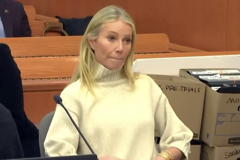 In this image taken from pool video, actor Gwyneth Paltrow appears during a hearing, Tuesday, March 21, 2023, in Park City, Utah, where she is accused in a lawsuit of crashing into a skier during a 2016 family ski vacation, leaving him with brain damage and four broken ribs. Terry Sanderson claims that the actor-turned-lifestyle influencer was cruising down the slopes so recklessly that they violently collided, leaving him on the ground as she and her entourage continued their descent down Deer Valley Resort, a skiers-only mountain known for its groomed runs, après-ski champagne yurts and posh clientele. (Pool Video via AP)