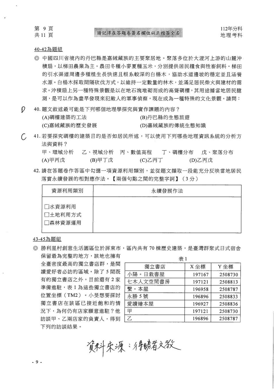 大學分科測驗地理科試題參考解答。（圖／得勝者文教提供）