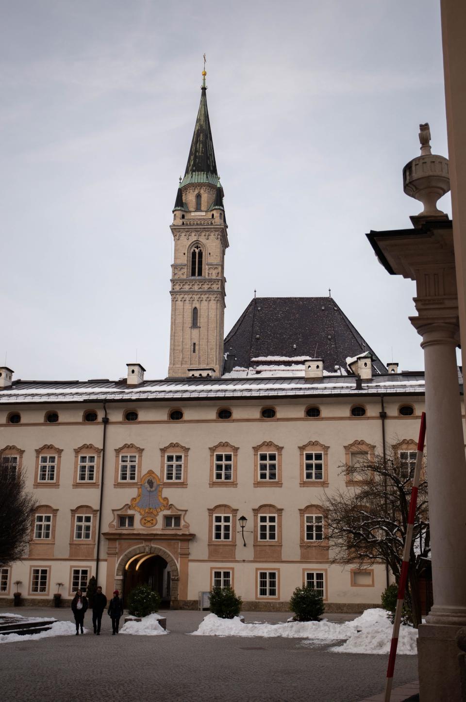 Exterior view of the St. Peter Stiftskulinarium restaurant in Salzburg in winter.