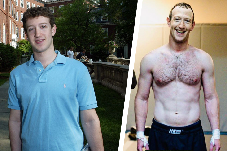 Vorher-Nachher-Foto: Mark Zuckerberg damals in Harvard und heute (rechts).  - Copyright: Quelle: picture alliance / Photoshot / Instagram stylebender