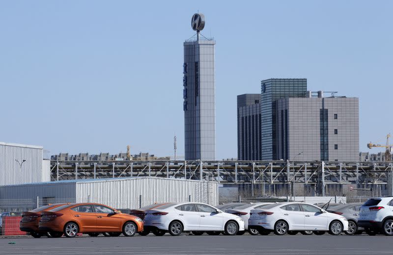 Hyundai cars are seen at a plant of Hyundai Motor Co on the outskirts of Beijing