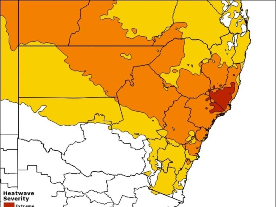 An extreme heatwave will affect the Mid North Coast and Hunter districts while the rest of the state will suffer through a severe heatwave.
