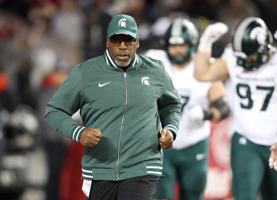 Michigan State Spartans head coach Harlon Barnett takes the field before the game against the Ohio State Buckeyes during the first quarter at Ohio Stadium in Columbus, Ohio, on Saturday, Nov. 11, 2023.