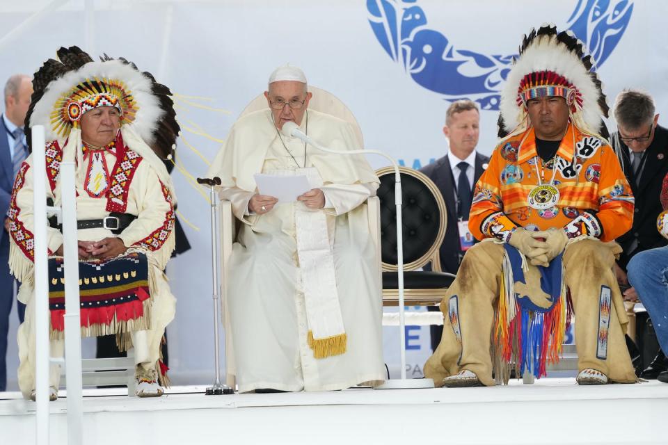 Pope Francis delivers his apology to Indigenous people for the church’s role in residential schools during a ceremony in Maskwacis, Alta., as part of his papal visit across Canada on July 25, 2022. THE CANADIAN PRESS/Nathan Denette