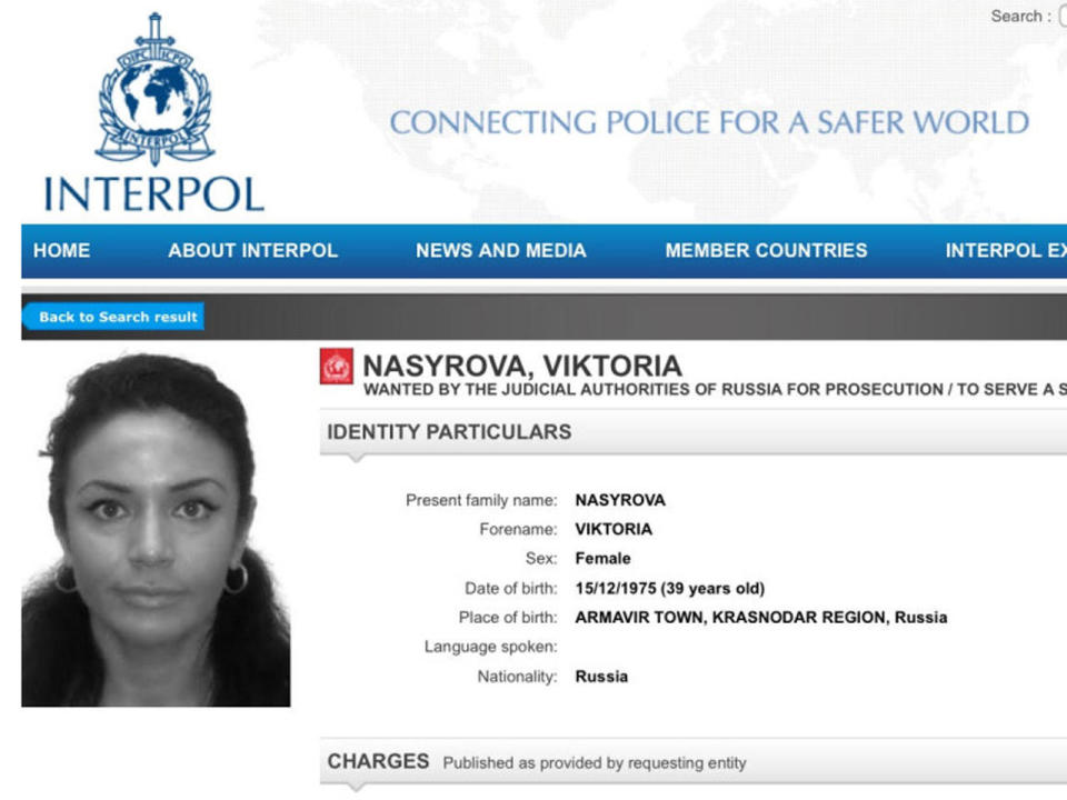 An international warrant was issued for Viktoria Nasyrova's arrest. 
