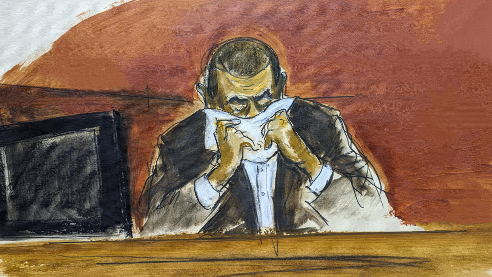 In this courtroom sketch, Jose Uribe breaks down on the witness stand during testimony in Manhattan federal court, Monday, June 10, 2024, in New York. Uribe, who prosecutors say bribed Sen. Bob Menendez, testified Monday that the Democrat told him in the summer of 2019 that he'd look into a state criminal probe threatening his business and then later assured him there was no threat and even boasted about saving him.(Elizabeth Williams via AP)