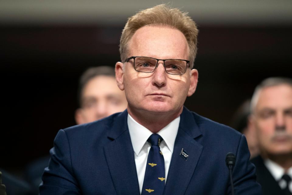 FILE - In this Dec. 3, 2019, file photo, acting Navy Secretary Thomas Modly testifies during a hearing of the Senate Armed Services Committee about about ongoing reports of substandard housing conditions in Washington, on Capitol Hill.