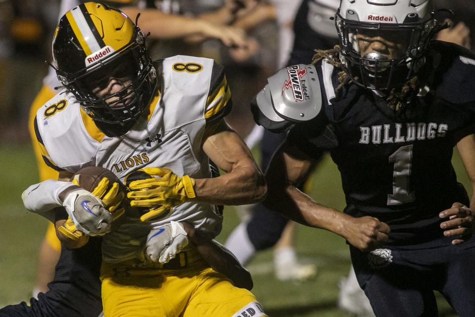 Red Lion's Dain Strausbaugh scores a touchdown. Red Lion defeated West York, 45-32, in football at West York Area High School, Friday, September 2, 2022.