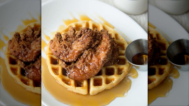 Fried chicken, waffle, and syrup