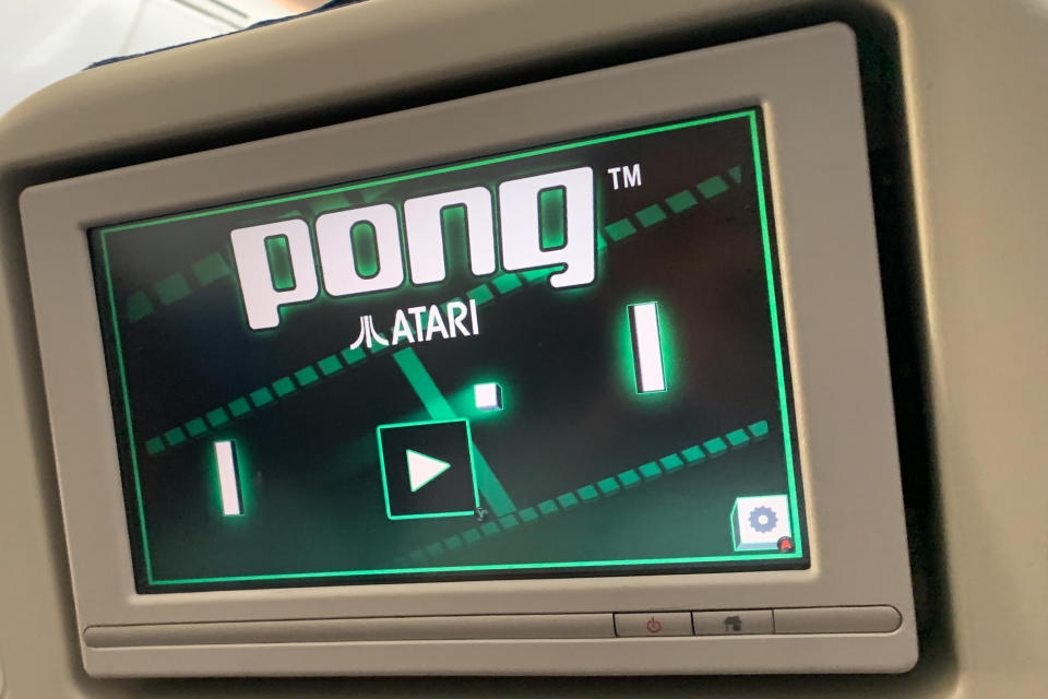 Atari Pong game is seen displayed on a screen onboard a plane to Toronto, Canada on June 12, 2023. (Photo by Jakub Porzycki/NurPhoto via Getty Images)