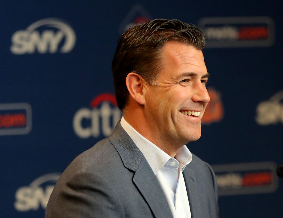 NEW YORK, NEW YORK - MAY 20:  New York Mets general manager Brodie Van Wagenen answers questions during a press conference before the game between the New York Mets and the Washington Nationals at Citi Field on May 20, 2019 in the Flushing neighborhood of the Queens borough of New York City. (Photo by Elsa/Getty Images)