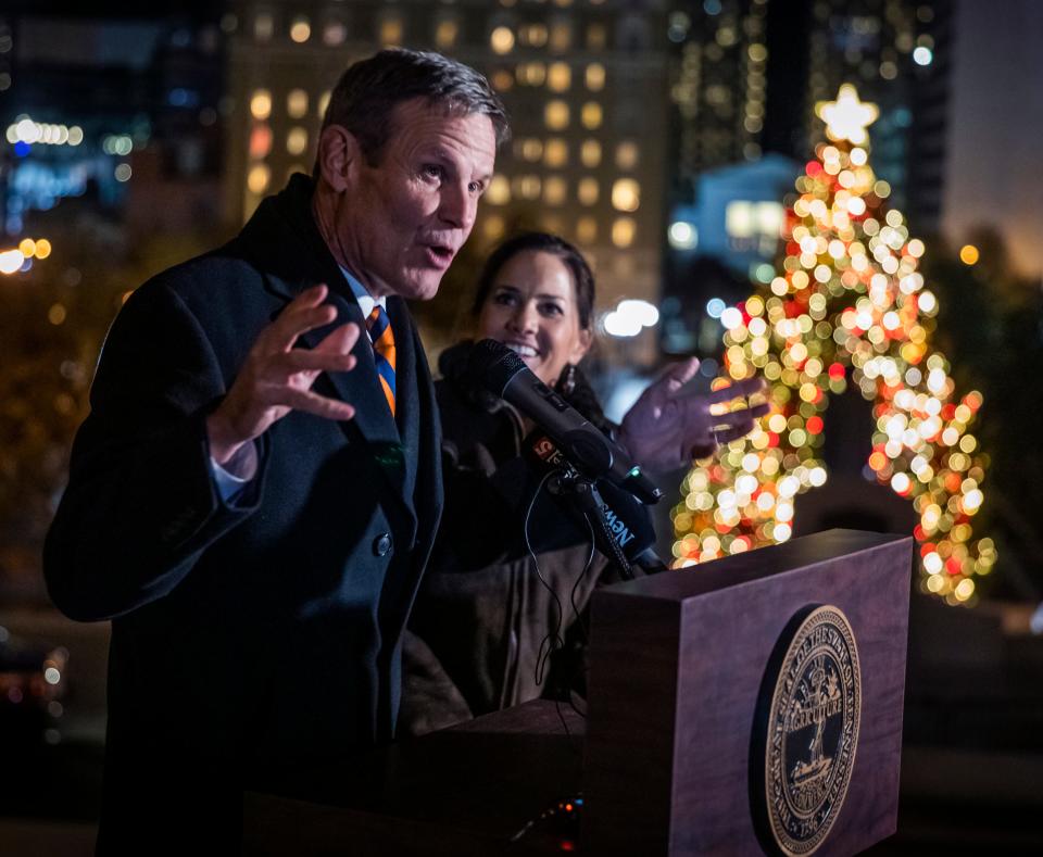 Gov. Bill Lee and first lady Maria Lee participate in the Capitol tree lighting event at the Tennessee State Capitol on Monday.