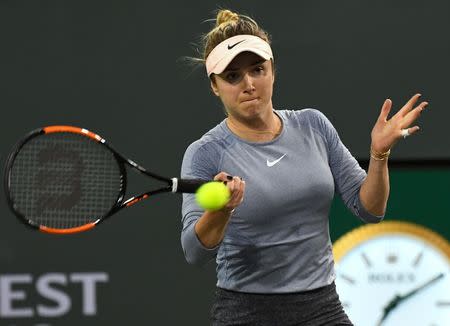 Mar 15, 2019; Indian Wells, CA, USA; Elina Svitolina (UKR) during her semifinal match against Bianca Andreescu (not pictured) in the BNP Paribas Open at the Indian Wells Tennis Garden. Mandatory Credit: Jayne Kamin-Oncea-USA TODAY Sports