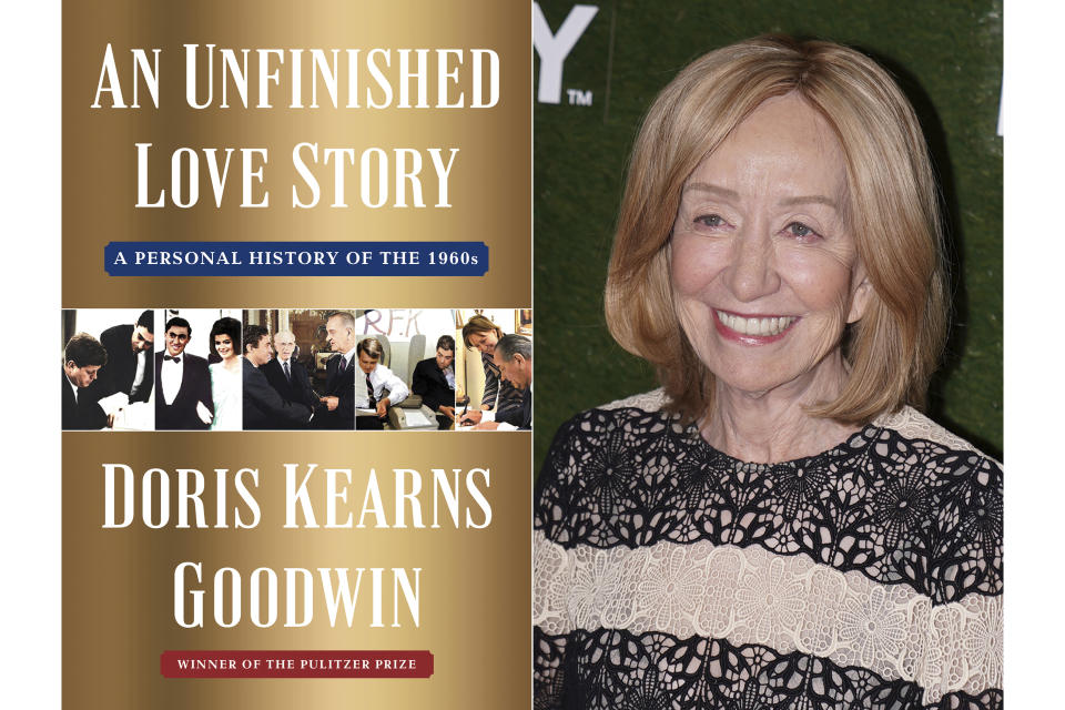 This combination of photos shows cover art for "An Unfinished Love Story: A Personal History of the 1960s" by Doris Kearns Goodwin, left, and a photo of author Doris Kearns Goodwin at a HISTORYTalks event in Washington on Sept. 24, 2022. (Simon & Schuster via AP, left, and AP Photo)
