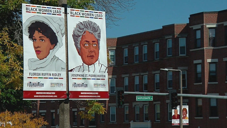 Black Women Lead portraits on Blue Hill Ave. in Roxbury / Credit: CBS Boston