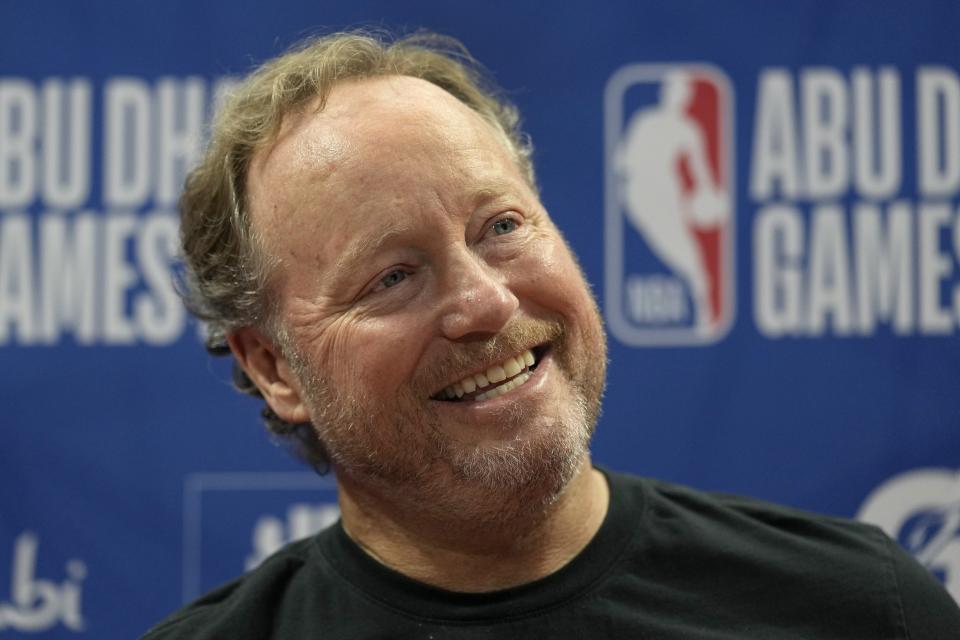 Milwaukee Bucks coach Mike Budenholzer reacts during a training session ahead of the NBA pre-season basketball game against the Atlanta Hawks, in Abu Dhabi, United Arab Emirates, Tuesday, Oct. 5, 2022. (AP Photo/Kamran Jebreili)