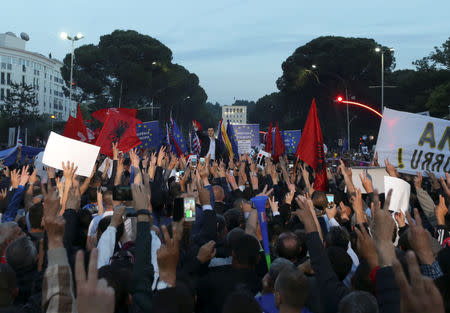 Albania's opposition Democratic Party leader Lulzim Basha gestures as he speaks during an anti-government protest in front of Prime Minister Edi Rama's office in Tirana, Albania, May 25, 2019. REUTERS/Florion Goga