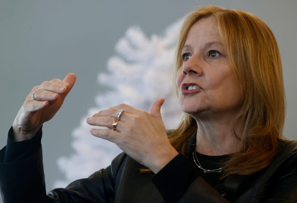 General Motors CEO Mary Barra talks with members of the Automotive Press Association during their luncheon and a question and answer session at the Waterview Loft at Port Detroit in Detroit on Dec. 8, 2022.